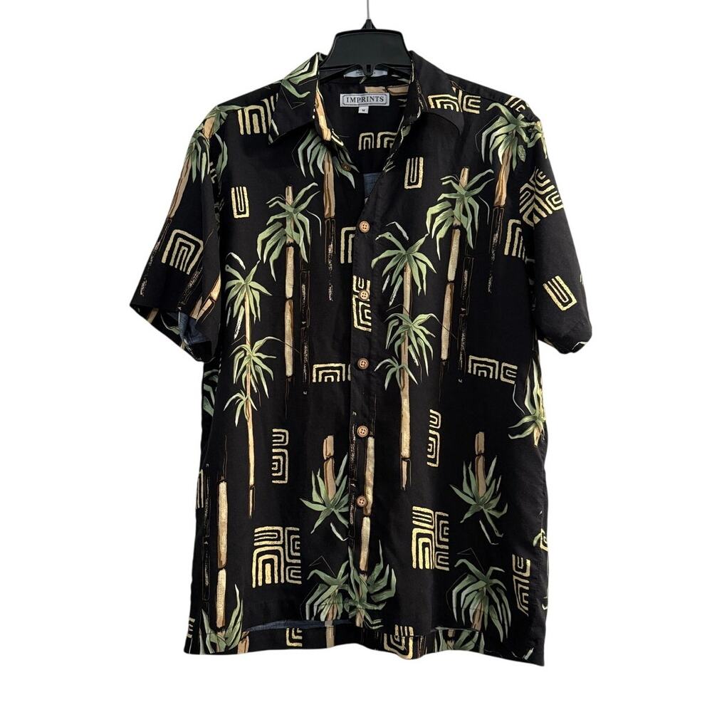 vtg Imprints Men Hawaiian Shirt Black Palms Cocktails Medium button front Aloha